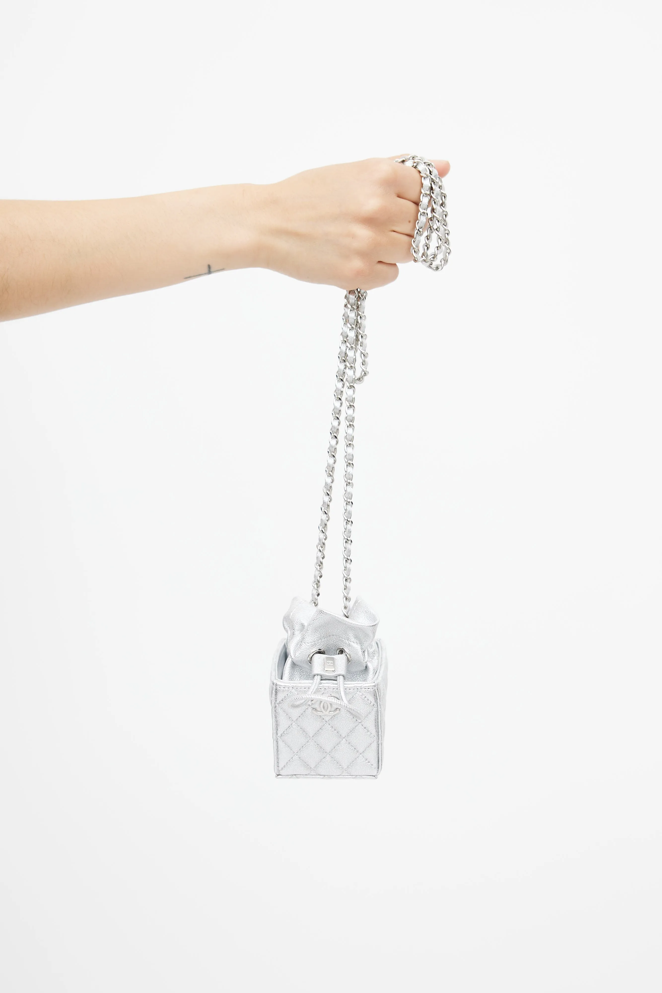 2021 Silver Quilted Coin Mini Crossbody Bag
