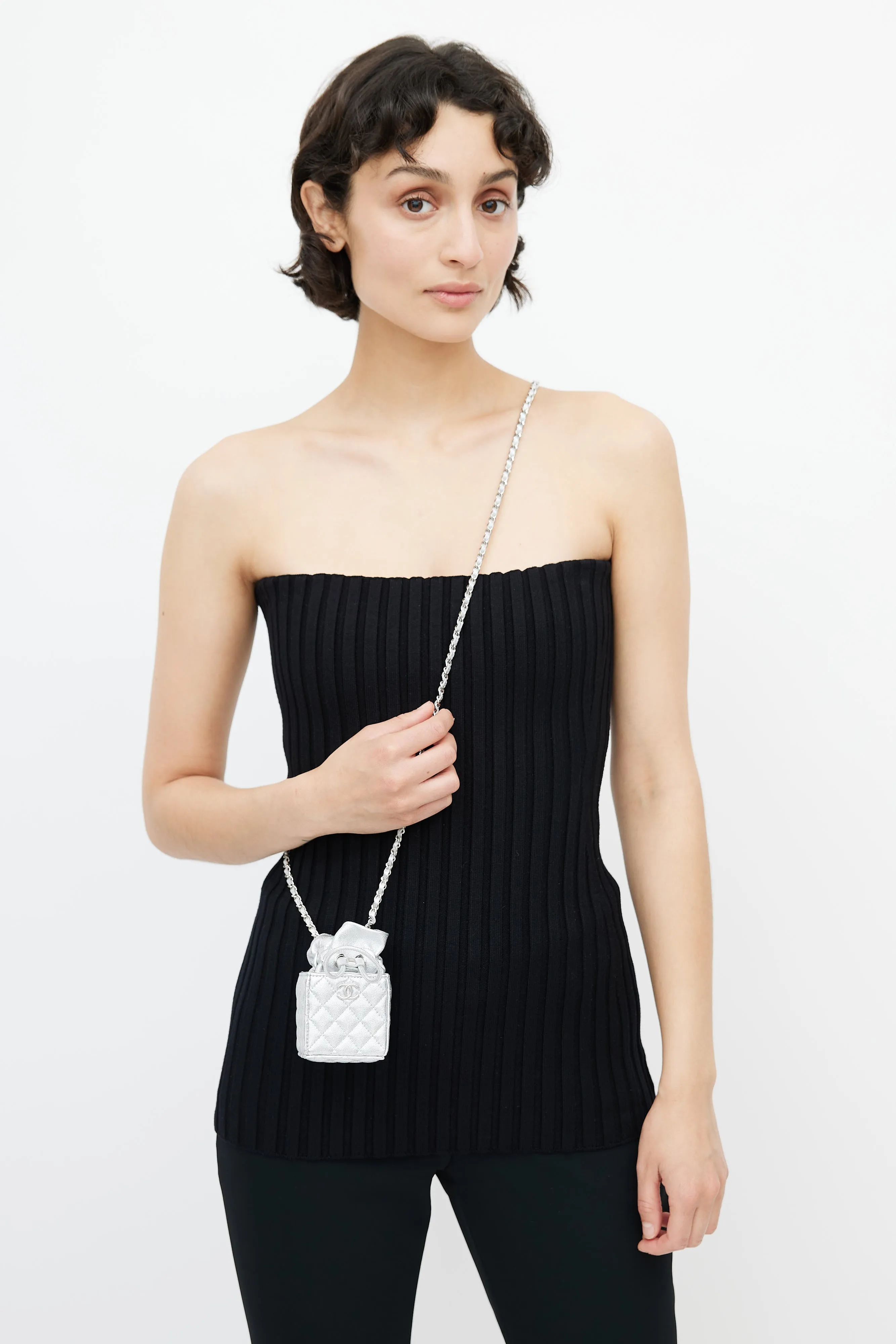 2021 Silver Quilted Coin Mini Crossbody Bag