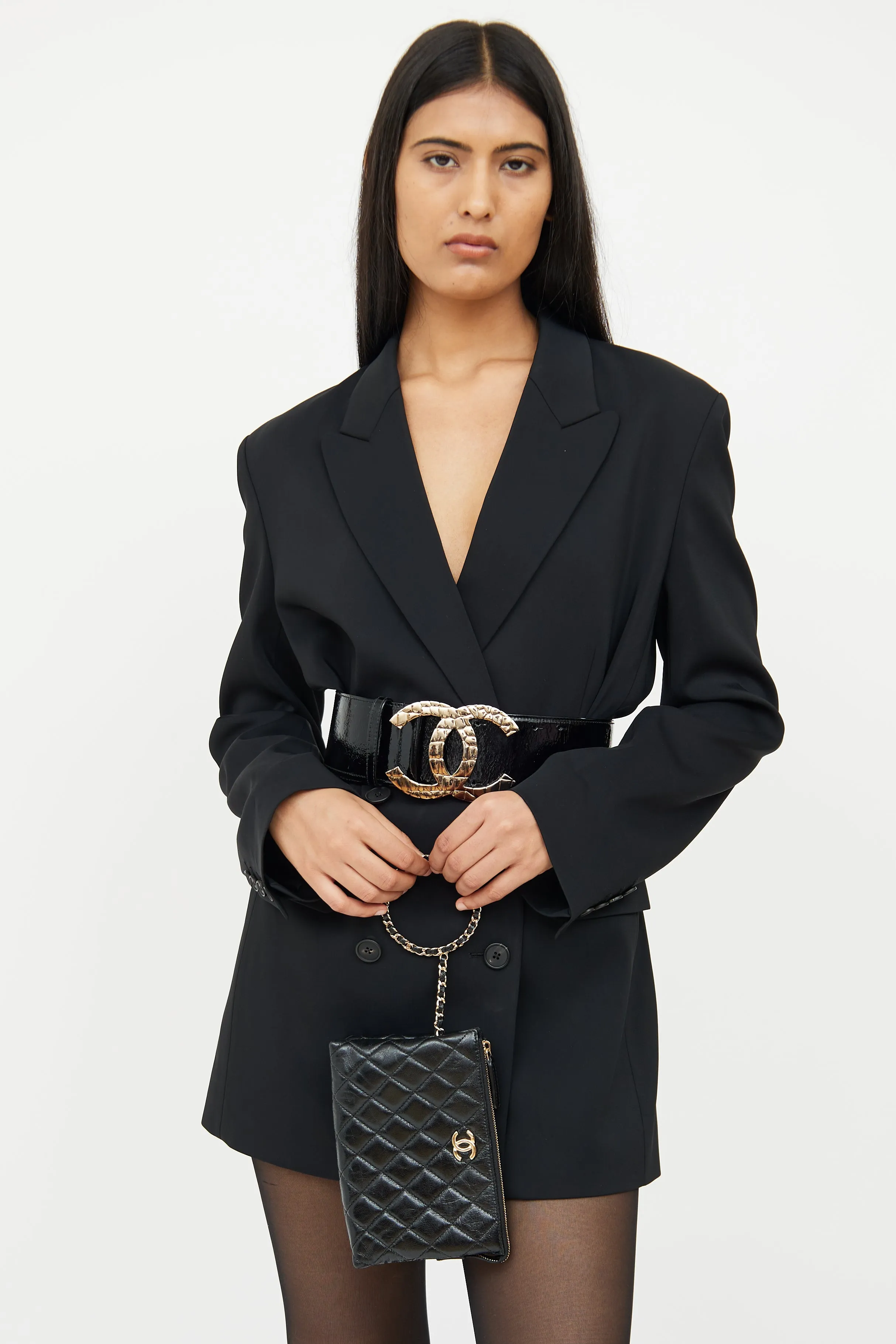 2023 Black Glossy Calfskin Quilted Clutch