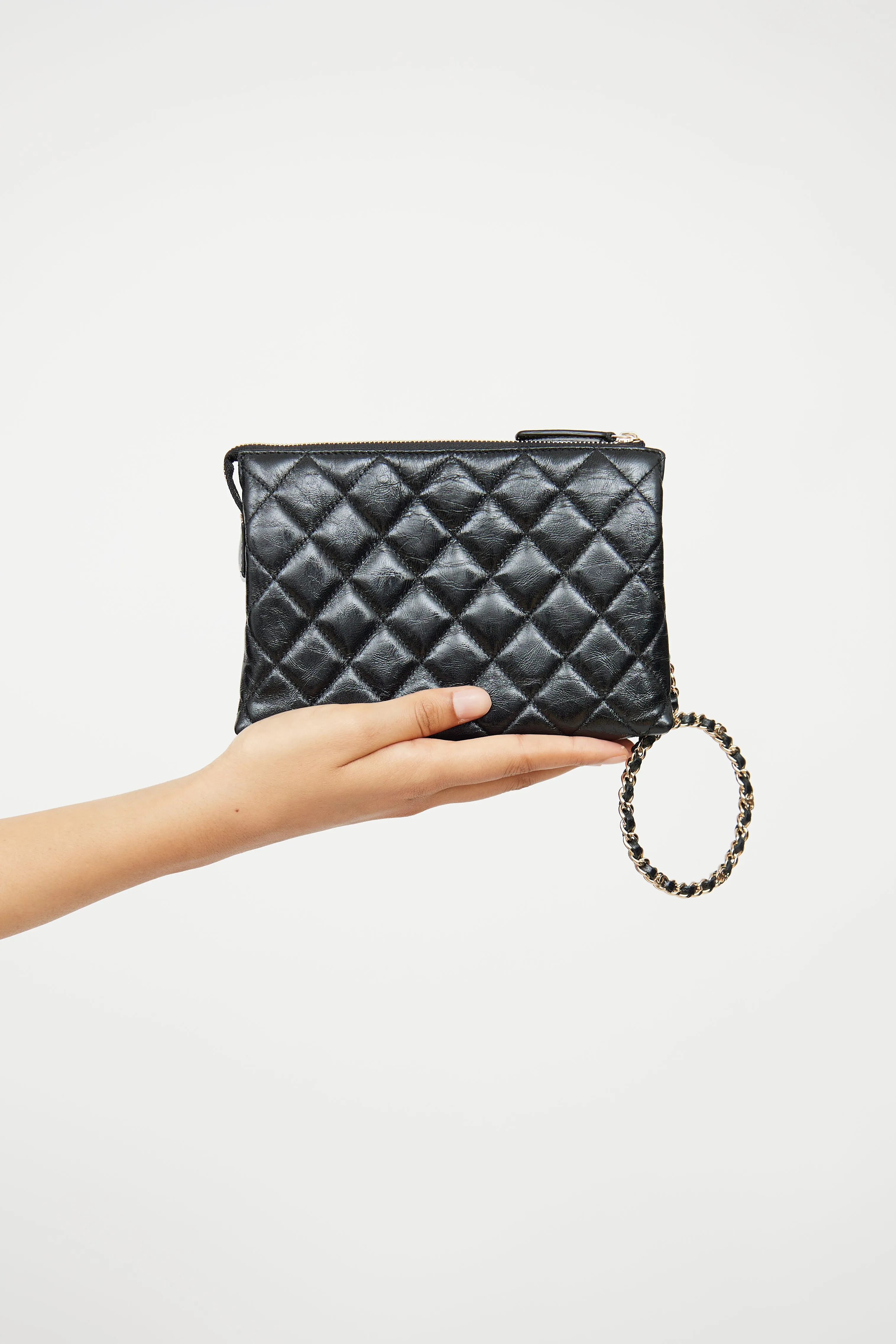 2023 Black Glossy Calfskin Quilted Clutch
