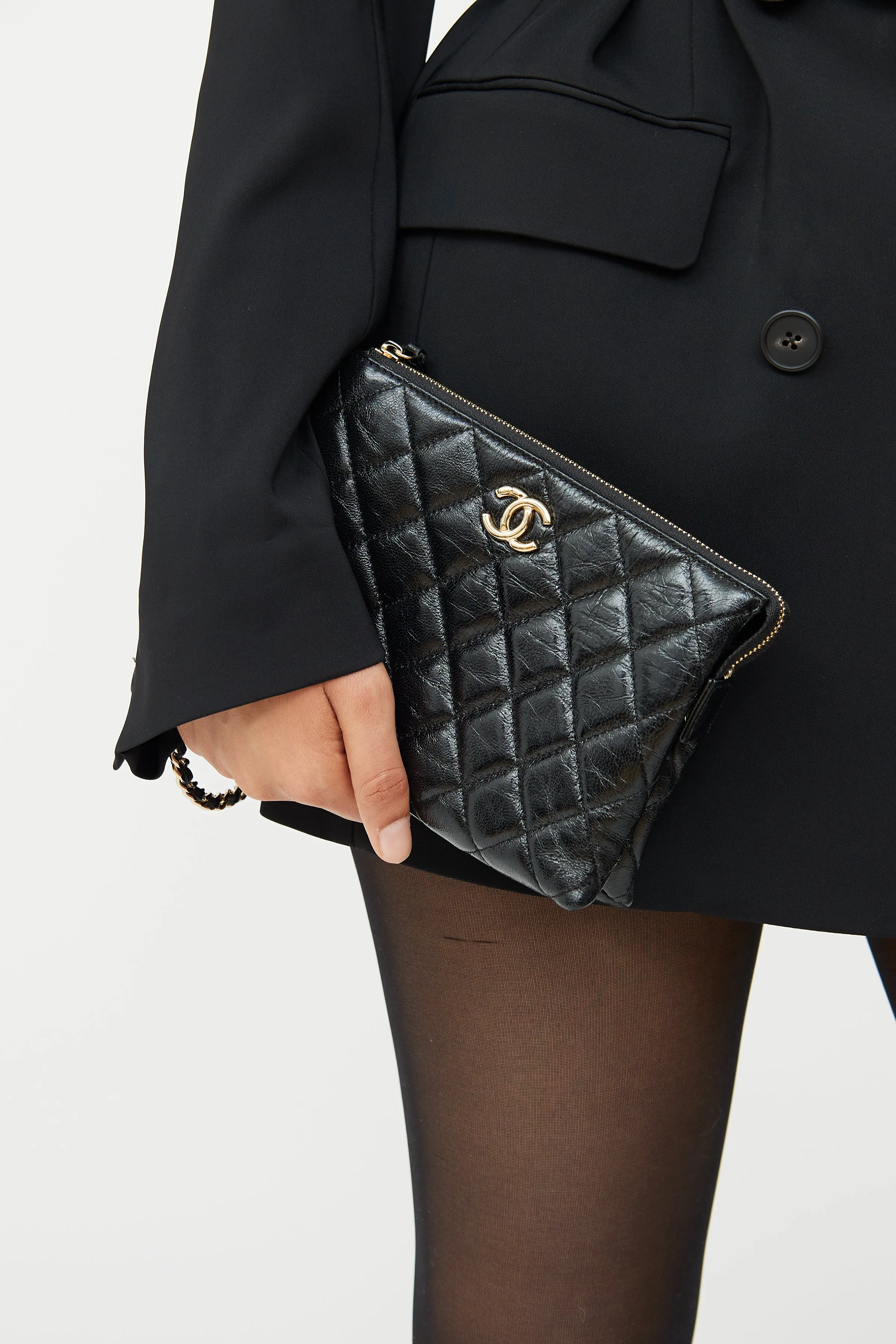 2023 Black Glossy Calfskin Quilted Clutch