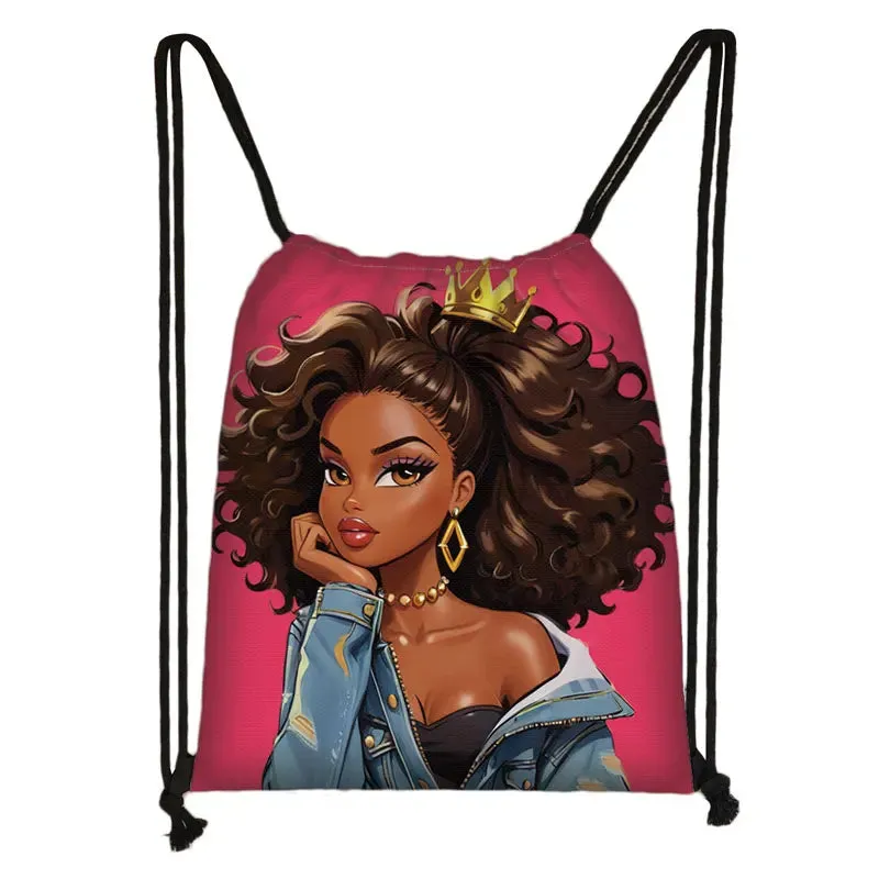 African Women Print Backpack Cartoon Afro Girls Drawstring Bag