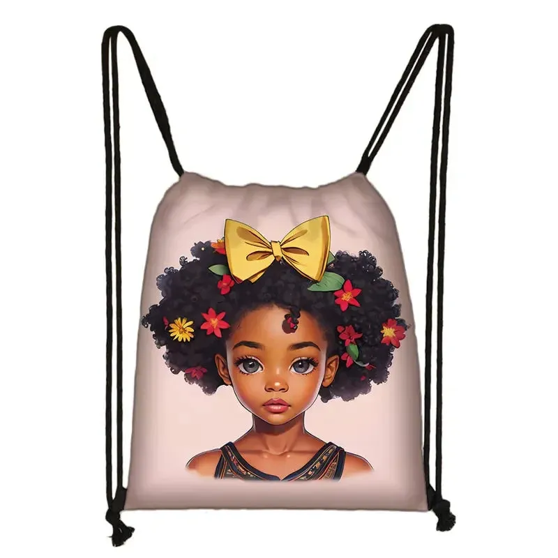 African Women Print Backpack Cartoon Afro Girls Drawstring Bag