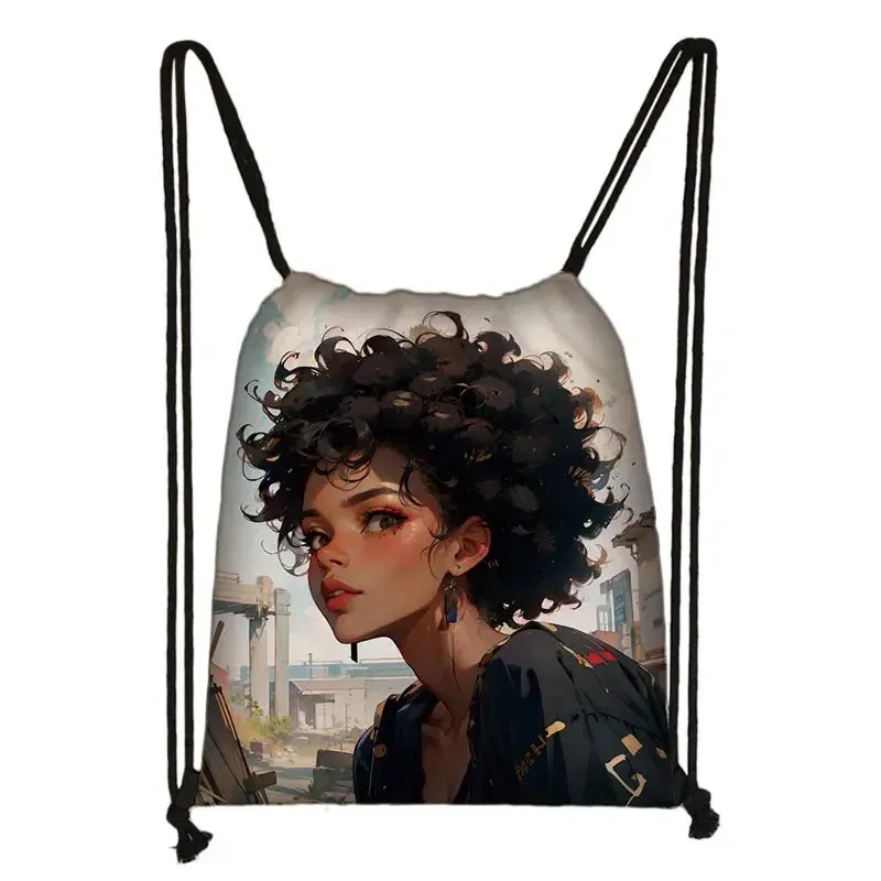 African Women Print Backpack Cartoon Afro Girls Drawstring Bag