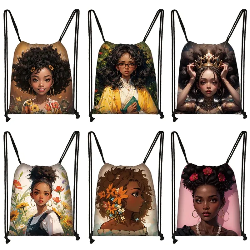 African Women Print Backpack Cartoon Afro Girls Drawstring Bag