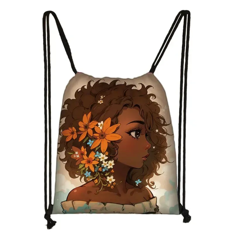 African Women Print Backpack Cartoon Afro Girls Drawstring Bag