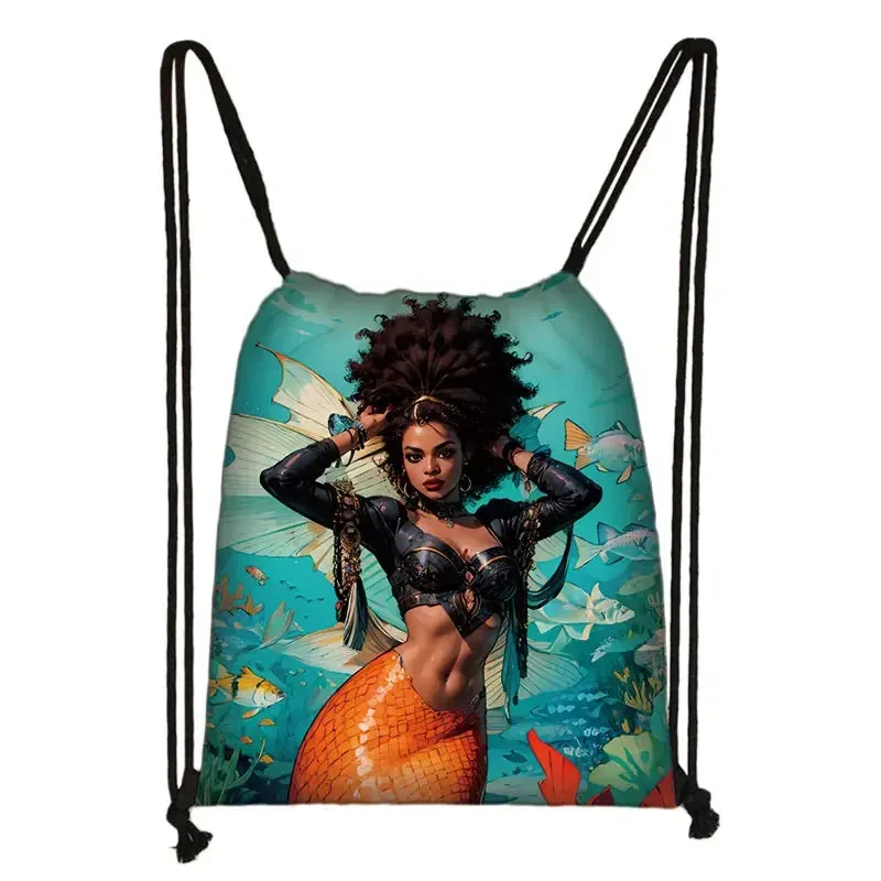 African Women Print Backpack Cartoon Afro Girls Drawstring Bag