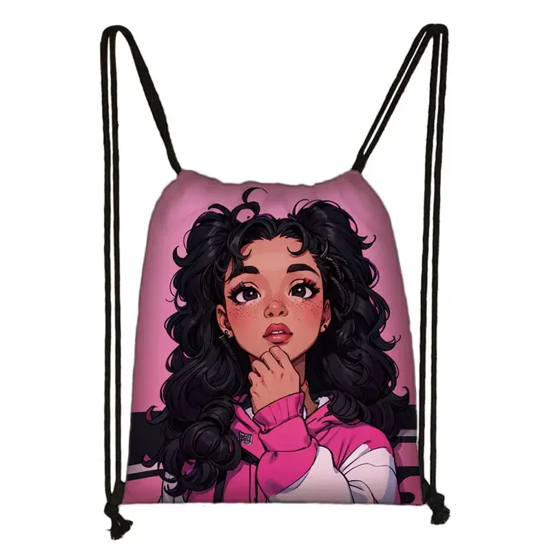 African Women Print Backpack Cartoon Afro Girls Drawstring Bag