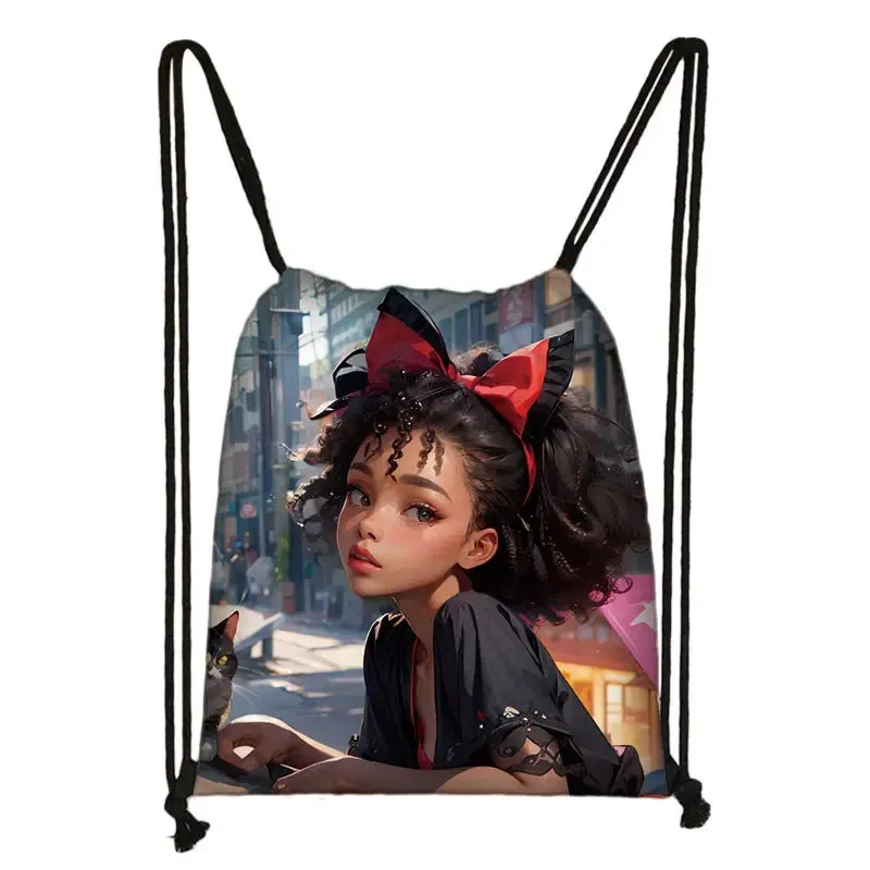 African Women Print Backpack Cartoon Afro Girls Drawstring Bag