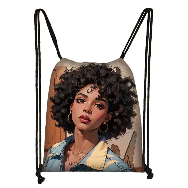 African Women Print Backpack Cartoon Afro Girls Drawstring Bag