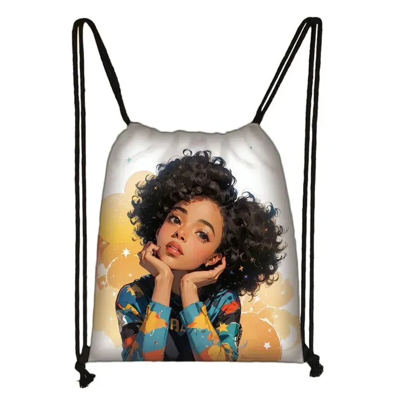 African Women Print Backpack Cartoon Afro Girls Drawstring Bag