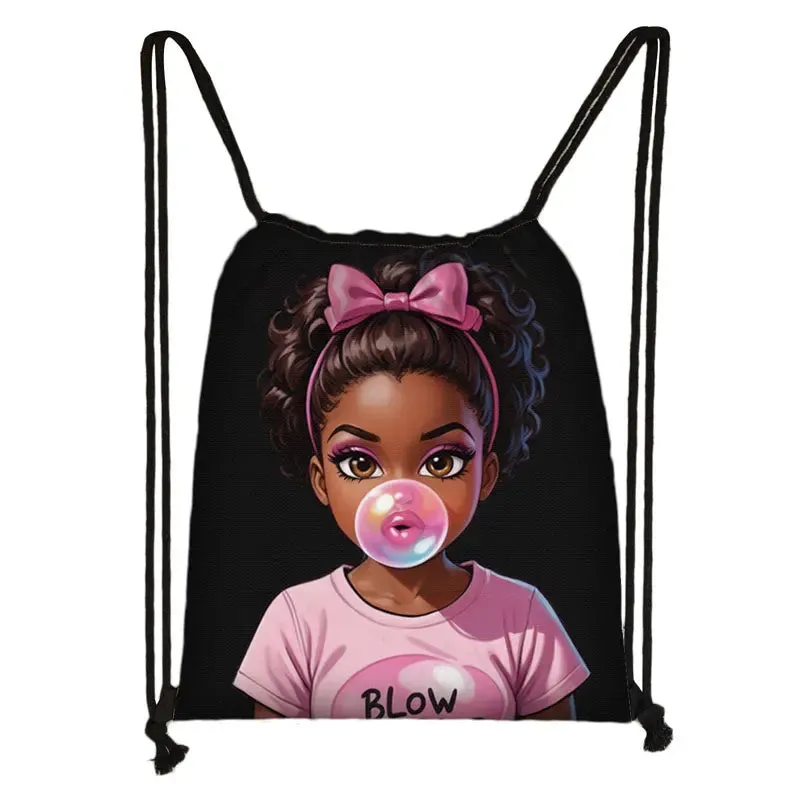 African Women Print Backpack Cartoon Afro Girls Drawstring Bag