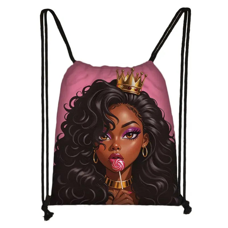 African Women Print Backpack Cartoon Afro Girls Drawstring Bag