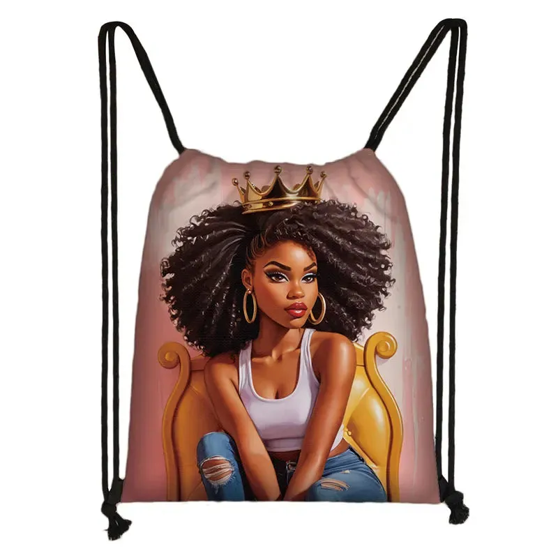 African Women Print Backpack Cartoon Afro Girls Drawstring Bag