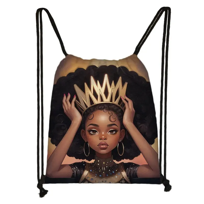 African Women Print Backpack Cartoon Afro Girls Drawstring Bag