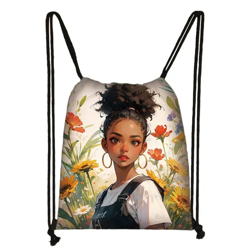 African Women Print Backpack Cartoon Afro Girls Drawstring Bag