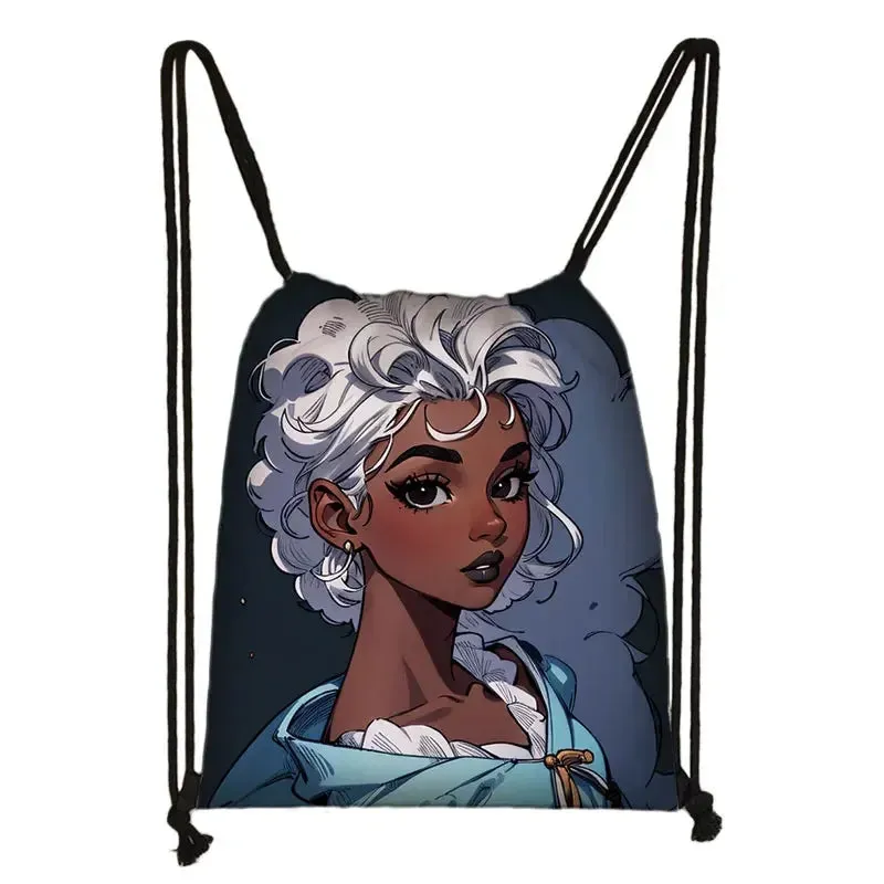 African Women Print Backpack Cartoon Afro Girls Drawstring Bag