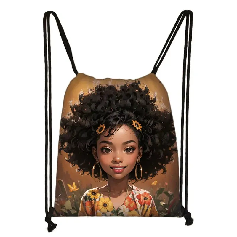 African Women Print Backpack Cartoon Afro Girls Drawstring Bag