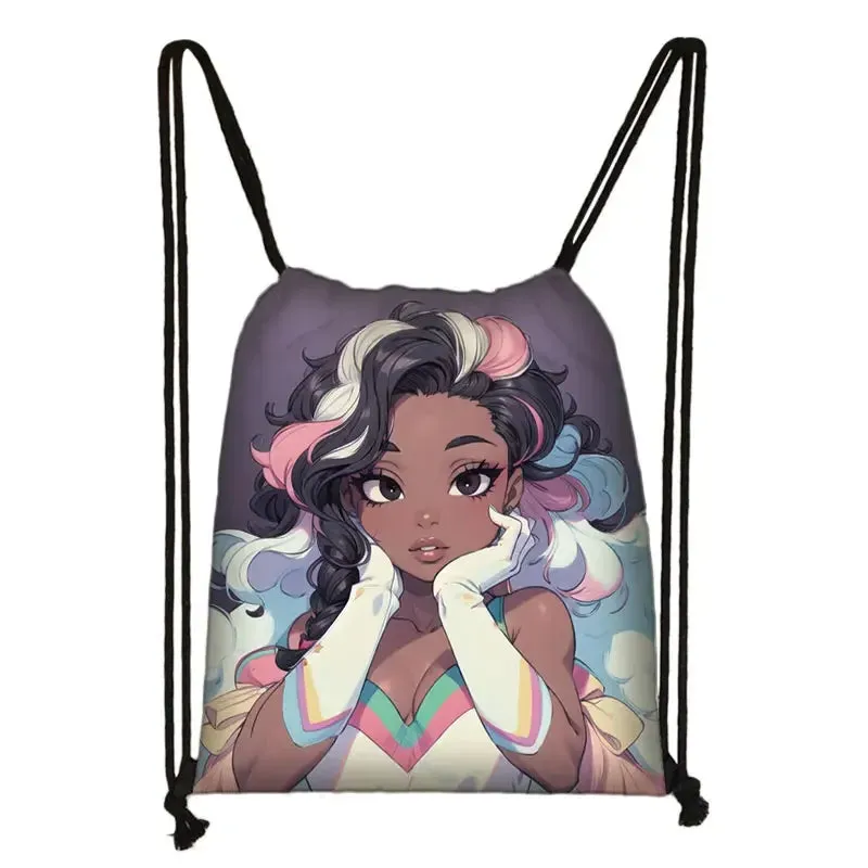 African Women Print Backpack Cartoon Afro Girls Drawstring Bag