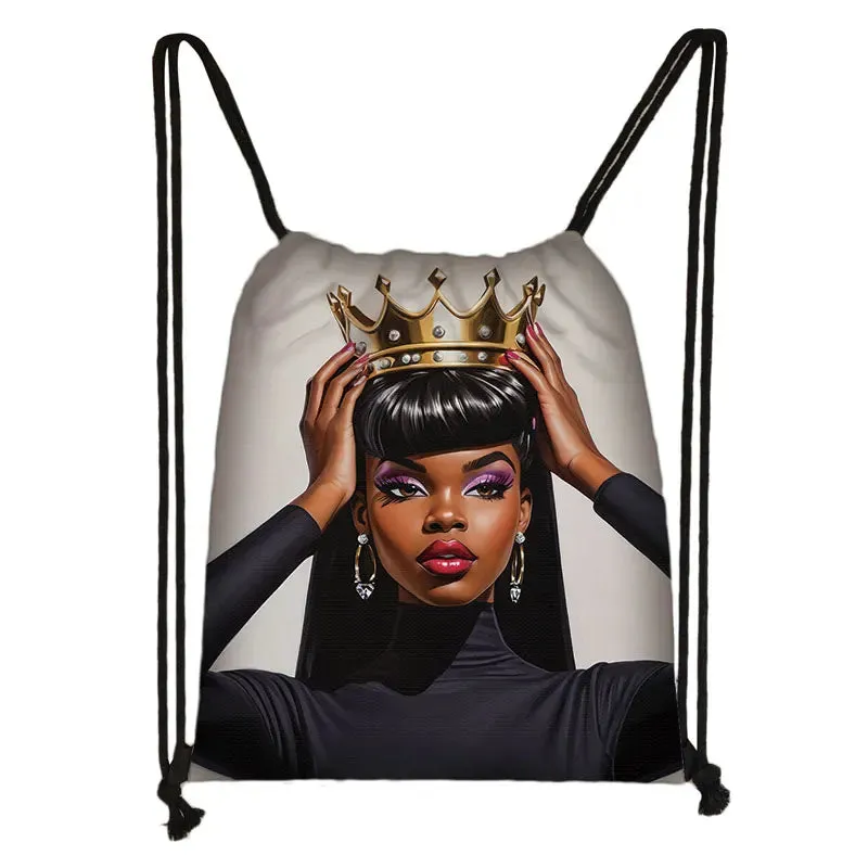 African Women Print Backpack Cartoon Afro Girls Drawstring Bag