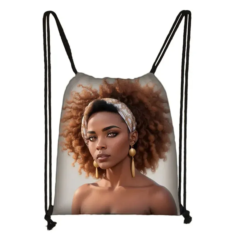 African Women Print Backpack Cartoon Afro Girls Drawstring Bag