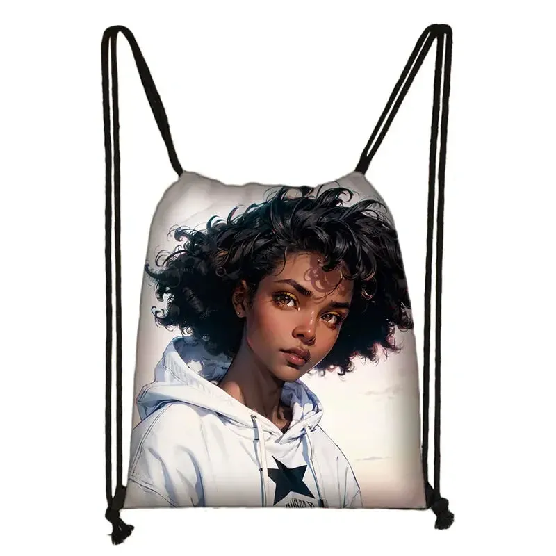 African Women Print Backpack Cartoon Afro Girls Drawstring Bag