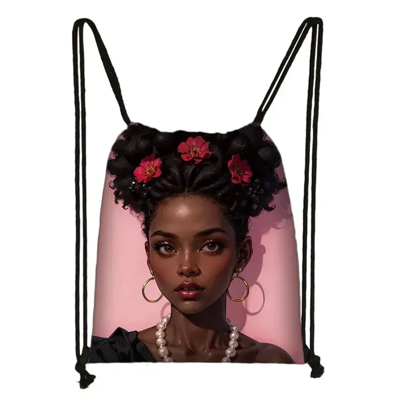 African Women Print Backpack Cartoon Afro Girls Drawstring Bag