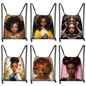 African Women Print Backpack Cartoon Afro Girls Drawstring Bag