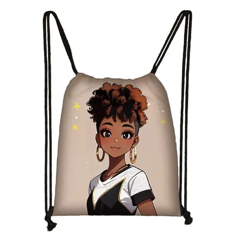 African Women Print Backpack Cartoon Afro Girls Drawstring Bag