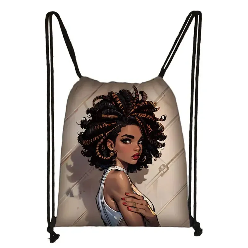 African Women Print Backpack Cartoon Afro Girls Drawstring Bag