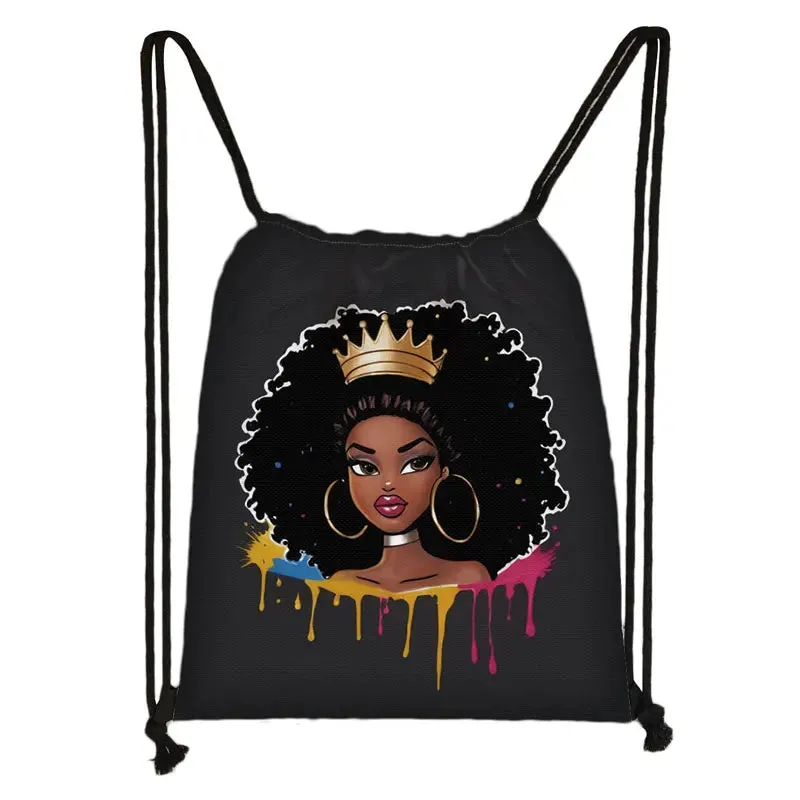 African Women Print Backpack Cartoon Afro Girls Drawstring Bag