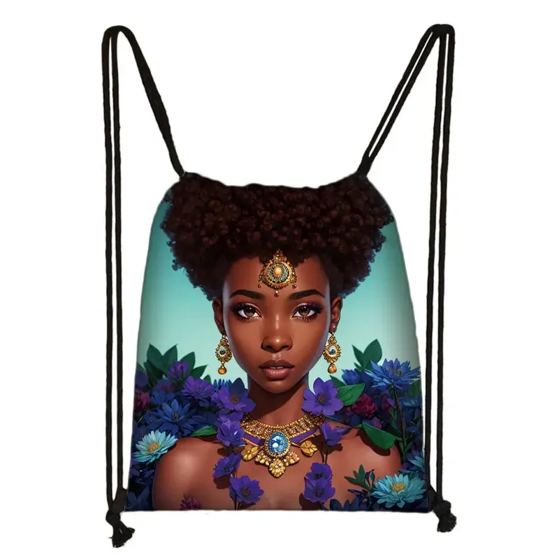 African Women Print Backpack Cartoon Afro Girls Drawstring Bag