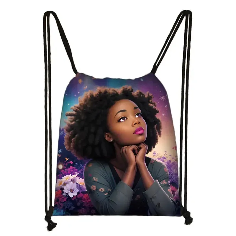 African Women Print Backpack Cartoon Afro Girls Drawstring Bag