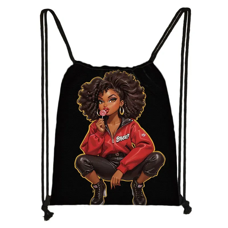African Women Print Backpack Cartoon Afro Girls Drawstring Bag