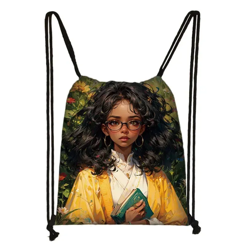 African Women Print Backpack Cartoon Afro Girls Drawstring Bag
