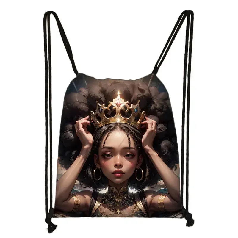 African Women Print Backpack Cartoon Afro Girls Drawstring Bag