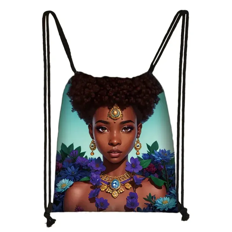 African Women Print Backpack Cartoon Afro Girls Drawstring Bag