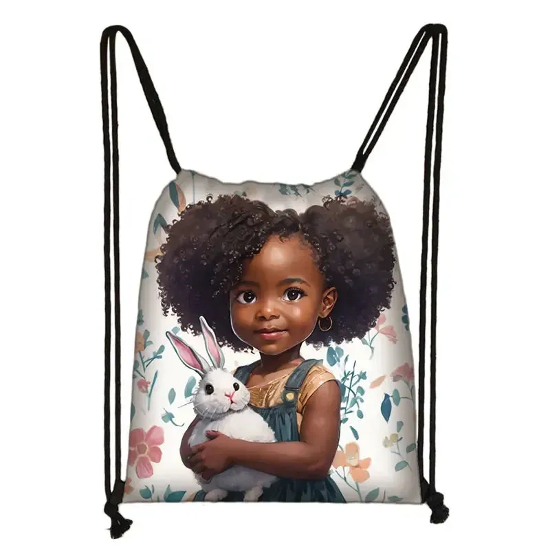 African Women Print Backpack Cartoon Afro Girls Drawstring Bag