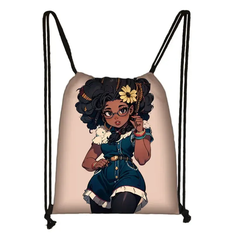 African Women Print Backpack Cartoon Afro Girls Drawstring Bag