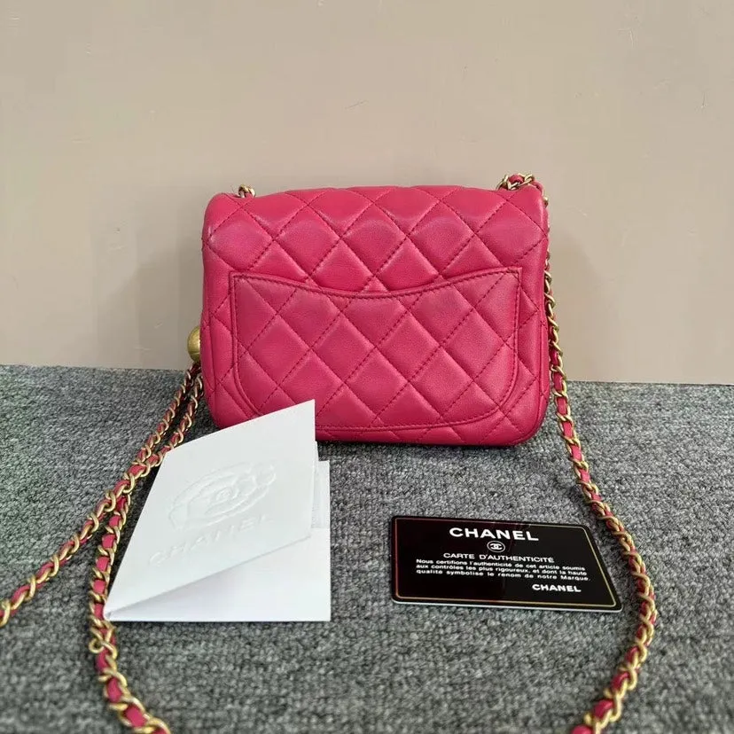 Chanel Mini Square Pink Quilted Leather Flap Bag Gold Chain Strap