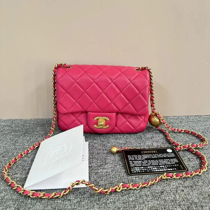 Chanel Mini Square Pink Quilted Leather Flap Bag Gold Chain Strap