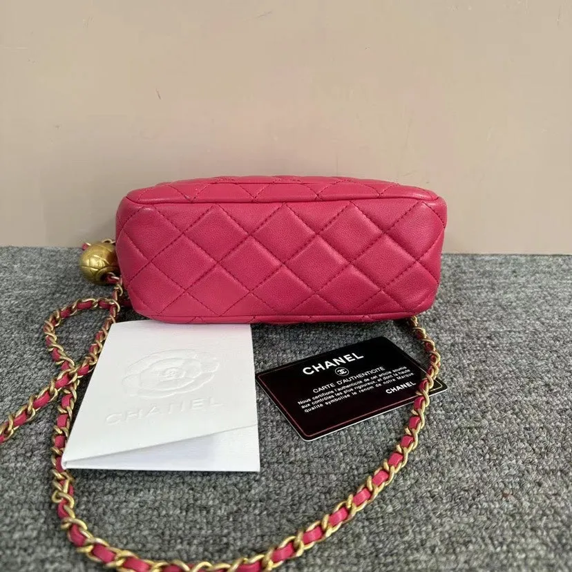 Chanel Mini Square Pink Quilted Leather Flap Bag Gold Chain Strap