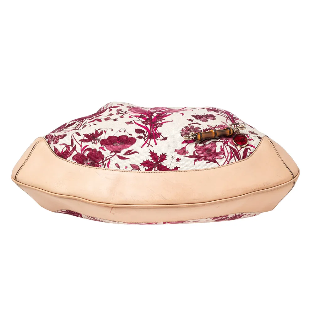 Gucci White/Pink Floral Canvas and Leather Peggy Bamboo Handle Hobo