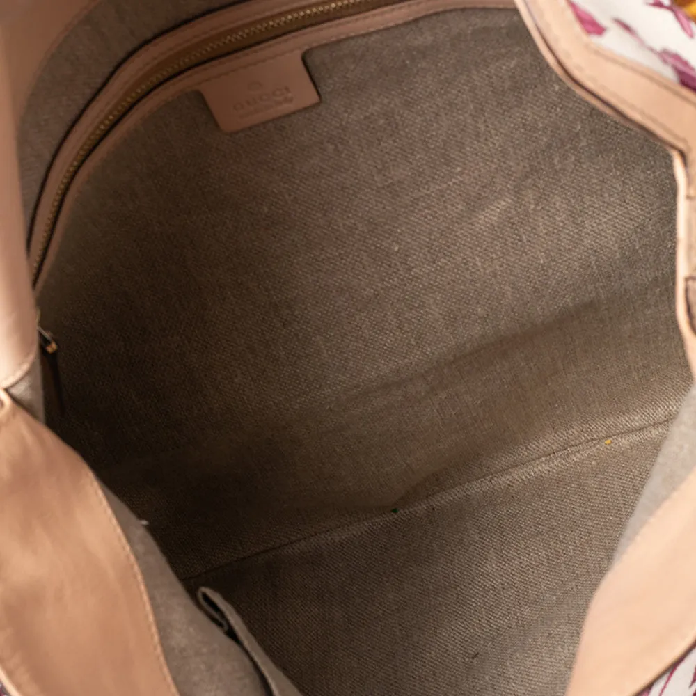 Gucci White/Pink Floral Canvas and Leather Peggy Bamboo Handle Hobo