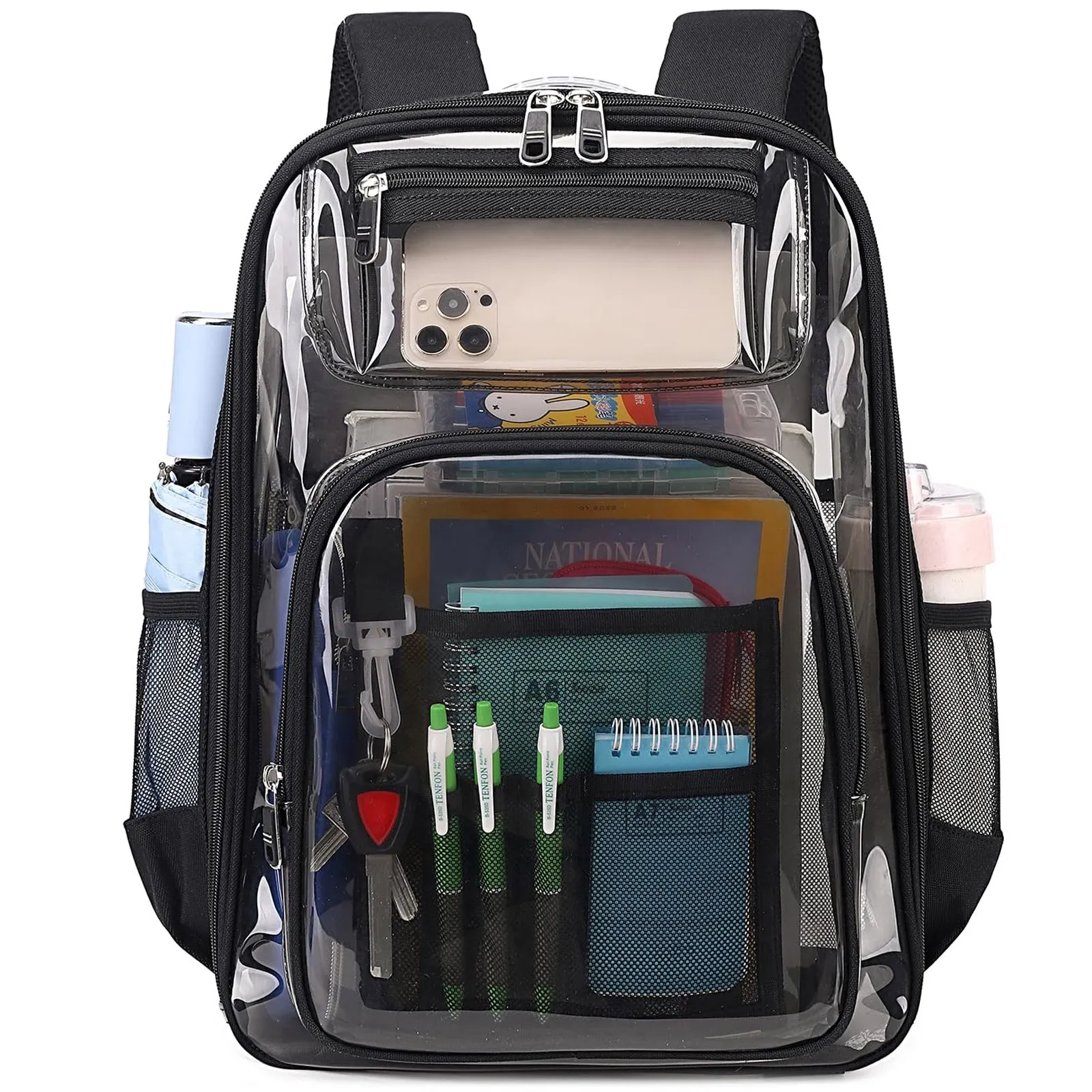 Kids Clear School Backpacks - Black Red Pink Book Bags For Boys Girls Heavy Duty TPU Quick Security Check See Through Transparent Travel Bag