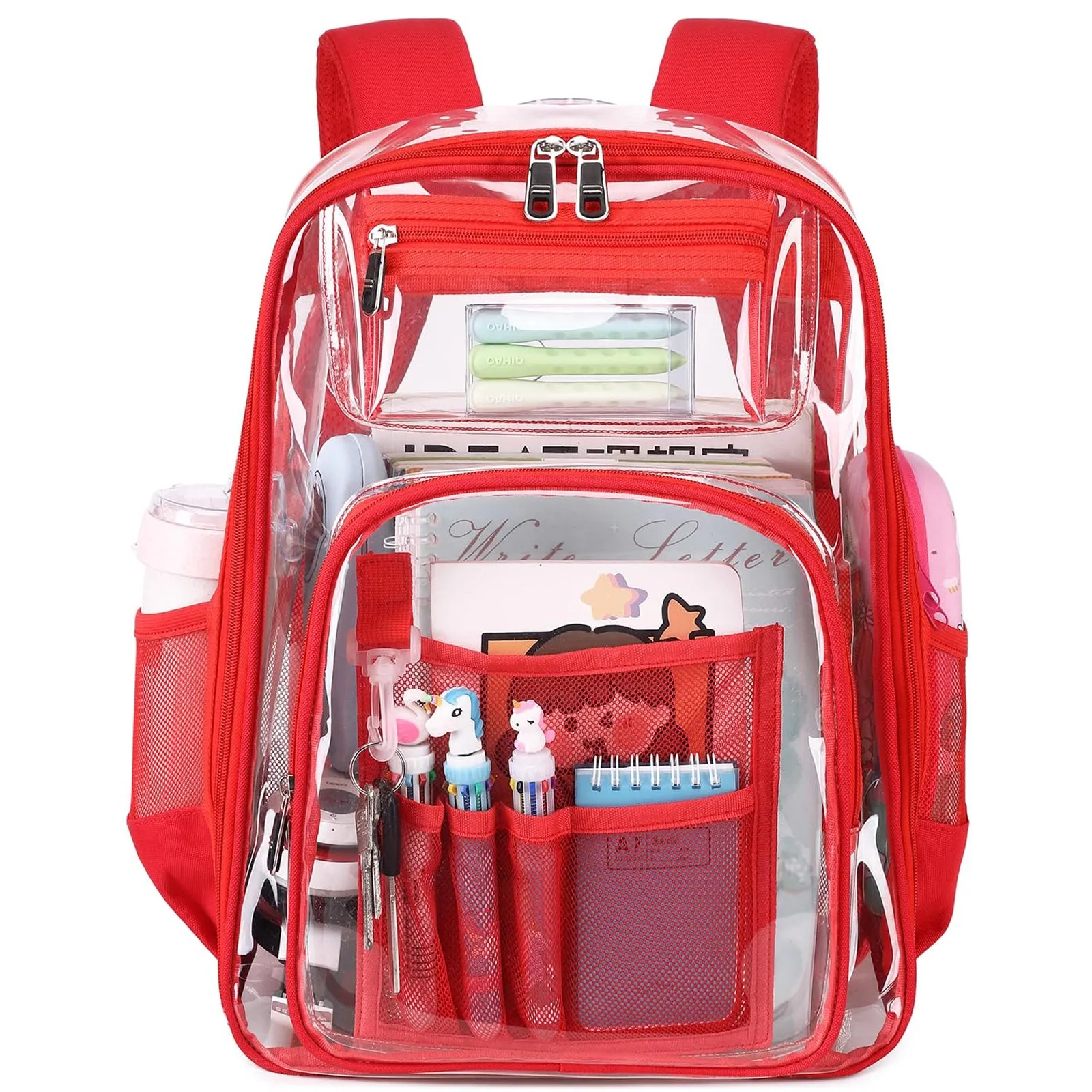 Kids Clear School Backpacks - Black Red Pink Book Bags For Boys Girls Heavy Duty TPU Quick Security Check See Through Transparent Travel Bag