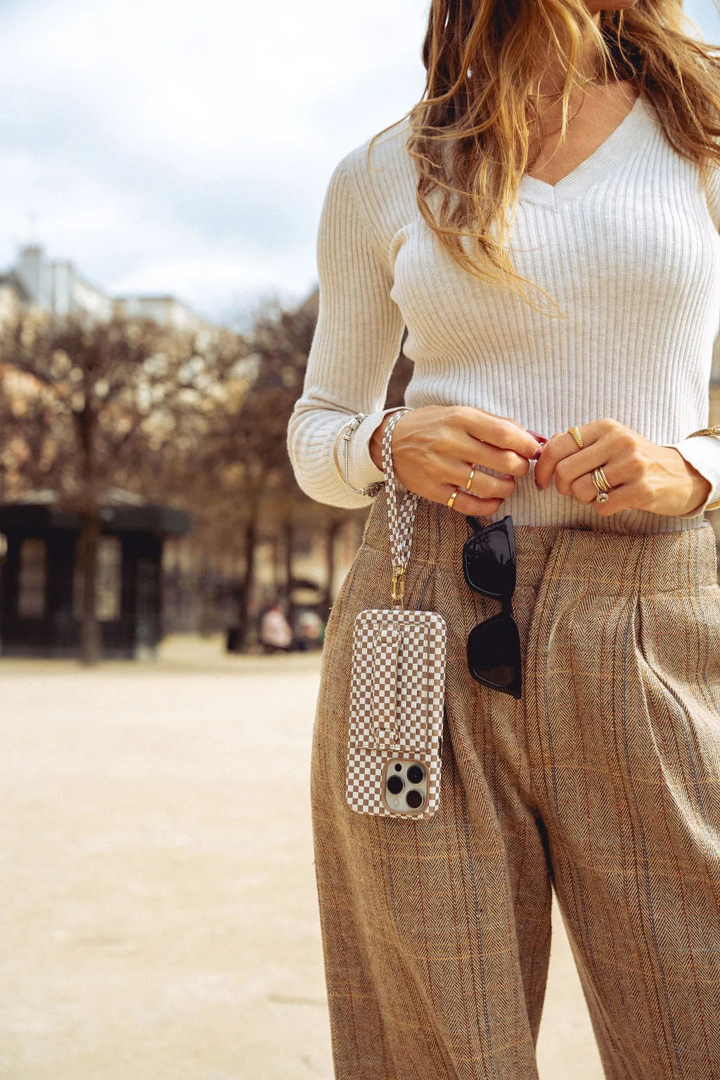 Single Tan Checkered Phone Strap - Final Sale