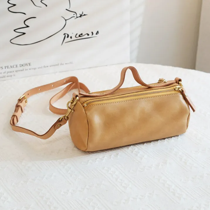 Small Ladies Barrel Bag Leather Over The Shoulder Bag Leather Crossbody Purse