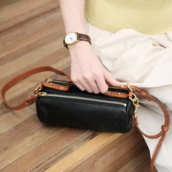 Small Ladies Barrel Bag Leather Over The Shoulder Bag Leather Crossbody Purse