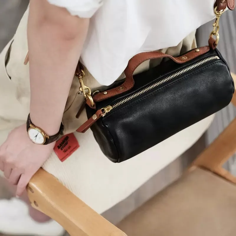 Small Ladies Barrel Bag Leather Over The Shoulder Bag Leather Crossbody Purse